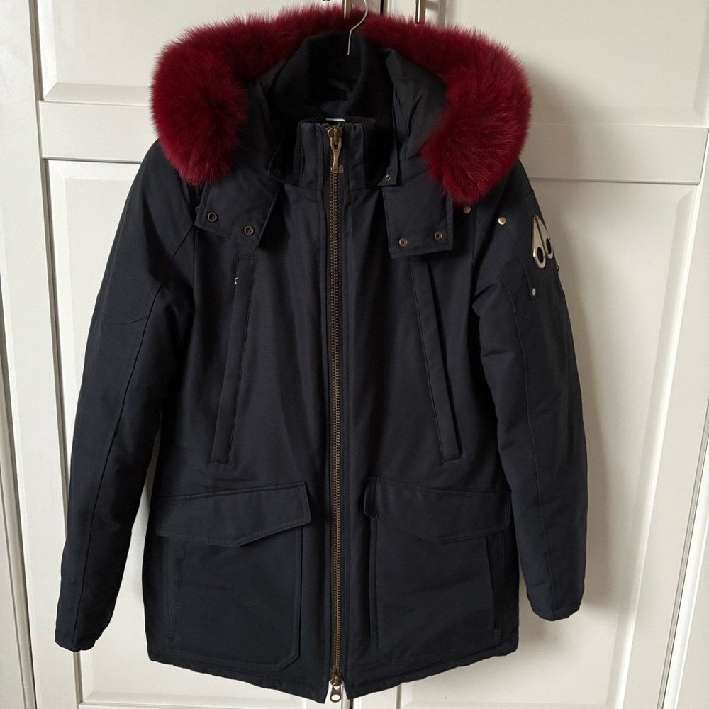 Moose Knuckles Black parka coat with Red Fur Hood Size M